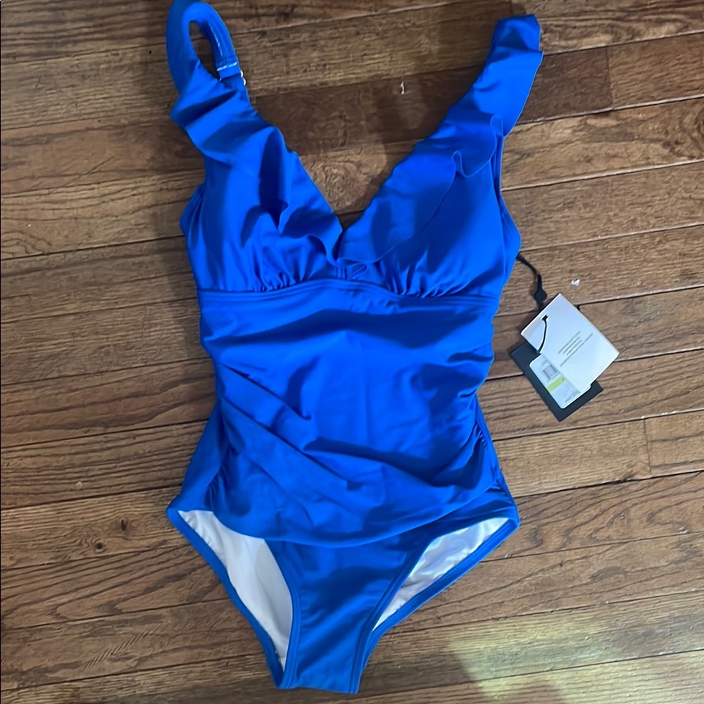 NWT DKNY Blue Ruffle Plunge One Piece Swimsuit - Picture 1 of 8